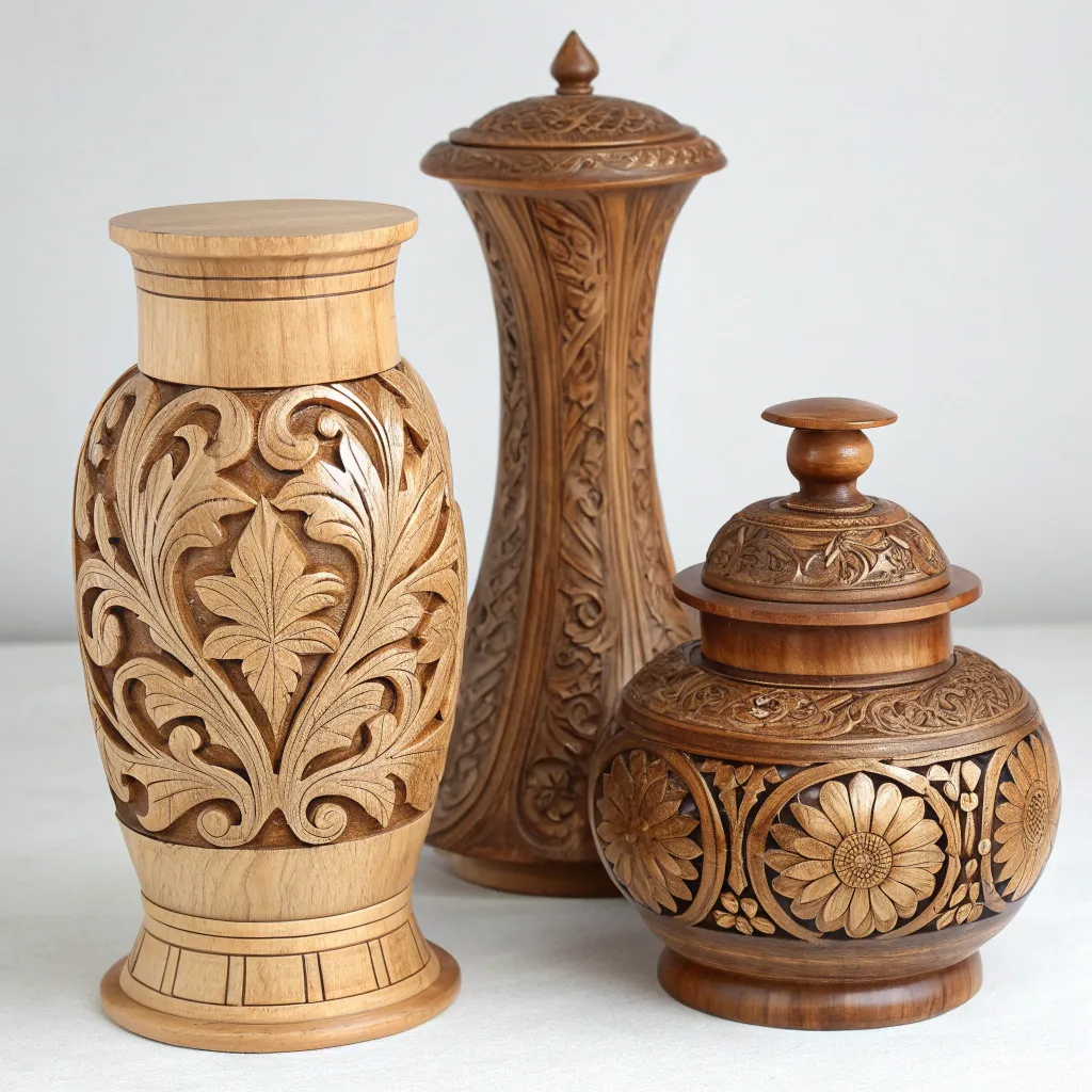 Image of elegant wooden handicraft pieces highlighting detailed carvings.